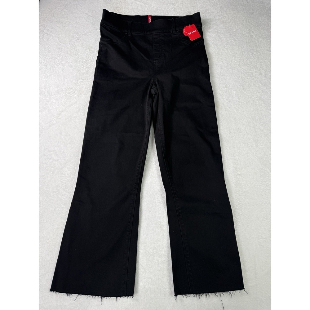 Spanx Cropped Flare Denim Jeans Womens Large Black Raw Hem 20231R NWT $128